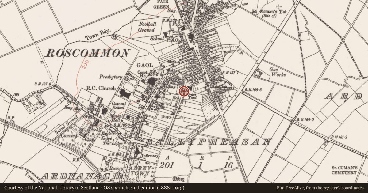 Ordnance Survey six-inch map, 2nd edition (1888–1915) covering the location of Cross-slab, Ballypheasan, County Roscommon, with a pin at the register's coordinates
