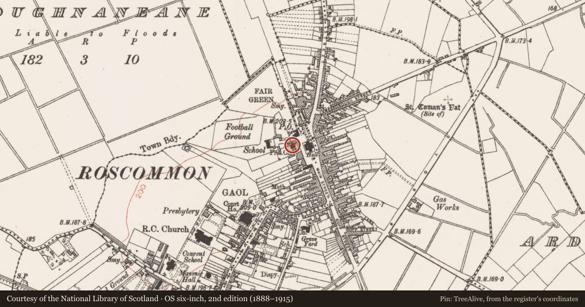 Ordnance Survey six-inch map, 2nd edition (1888–1915) covering the location of Stoup (present location), Ardeash, County Roscommon, with a pin at the register's coordinates