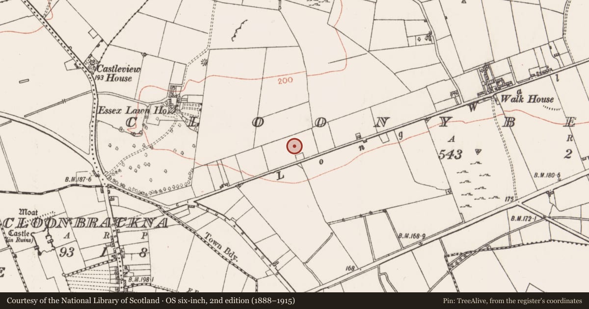 Ordnance Survey six-inch map, 2nd edition (1888–1915) covering the location of Designed landscape - avenue, Cloonbrackna, Cloonybeirne, County Roscommon, with a pin at the register's coordinates