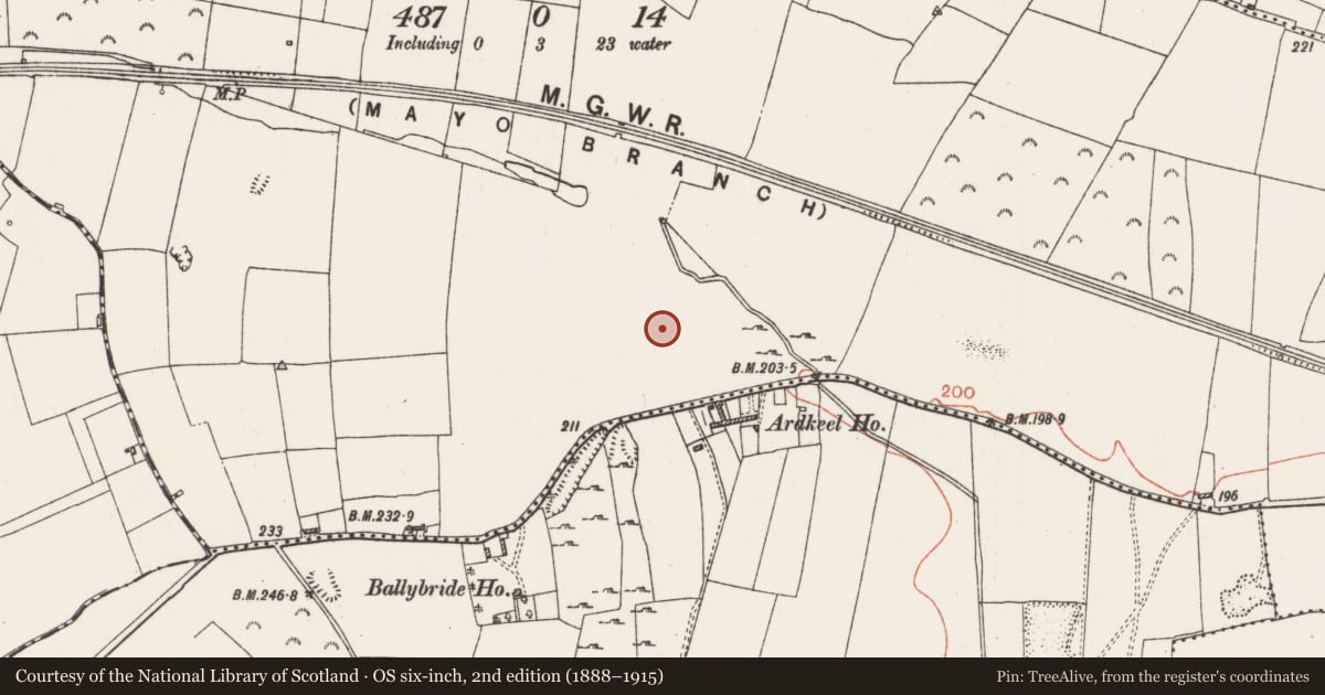 Ordnance Survey six-inch map, 2nd edition (1888–1915) covering the location of Concentric enclosure, Ballybride, County Roscommon, with a pin at the register's coordinates