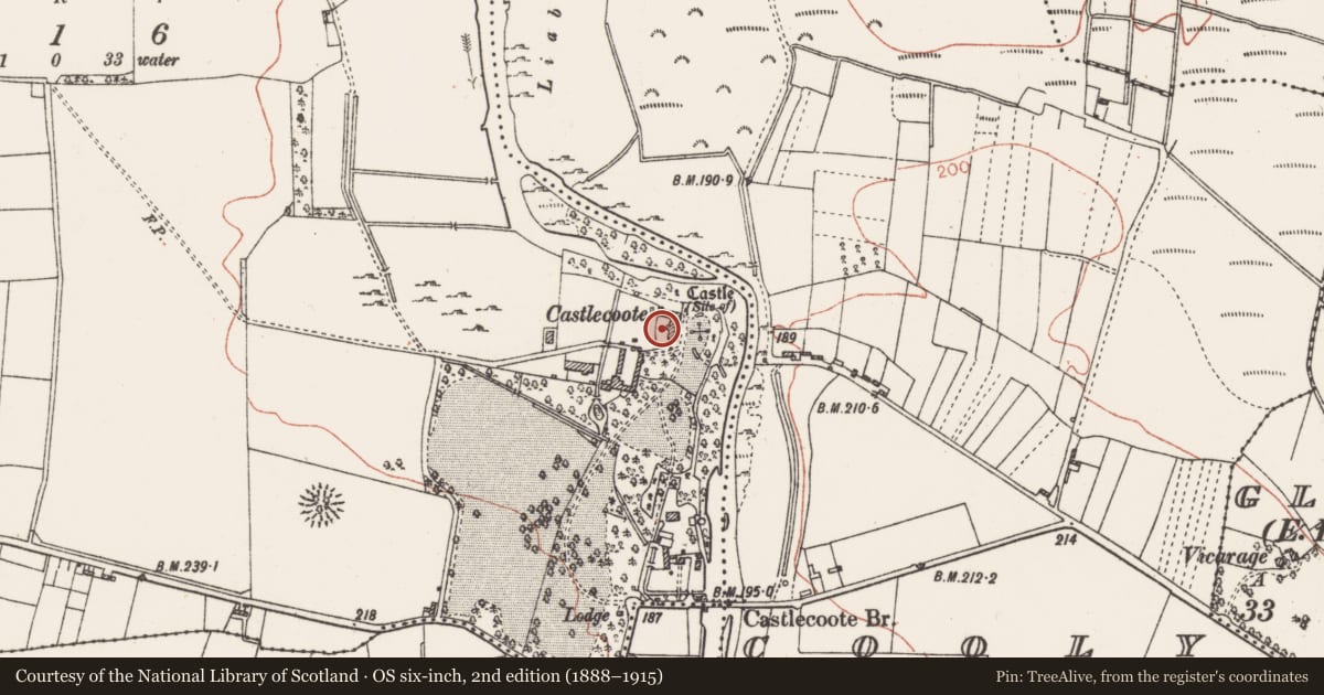 Ordnance Survey six-inch map, 2nd edition (1888–1915) covering the location of House - fortified house, Castlecoote, County Roscommon, with a pin at the register's coordinates