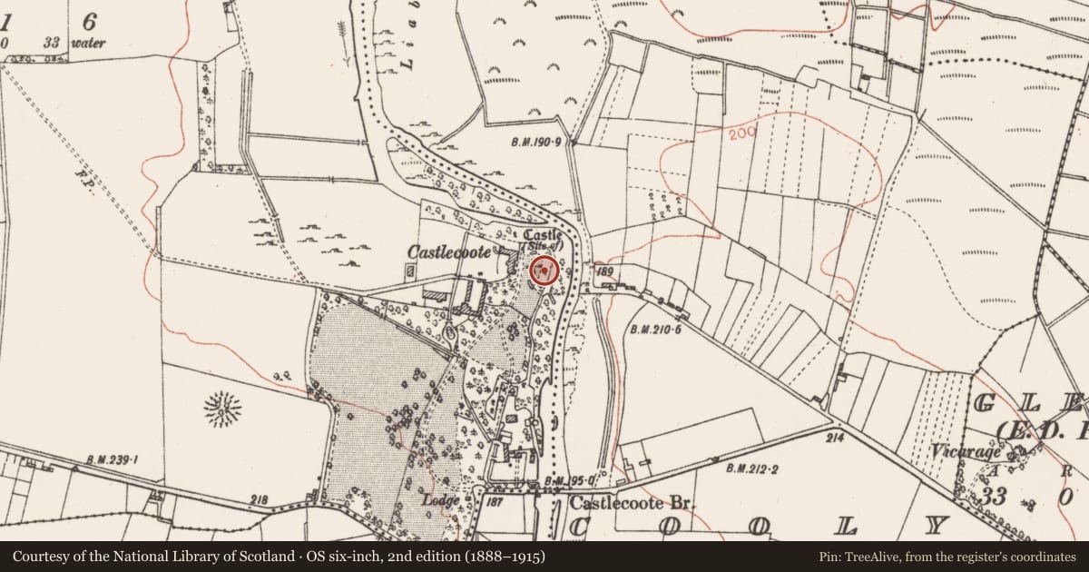 Ordnance Survey six-inch map, 2nd edition (1888–1915) covering the location of Mill - unclassified, Castlecoote, County Roscommon, with a pin at the register's coordinates