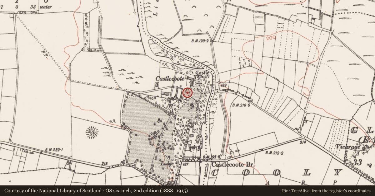 Ordnance Survey six-inch map, 2nd edition (1888–1915) covering the location of Settlement deserted - medieval, Castlecoote, County Roscommon, with a pin at the register's coordinates