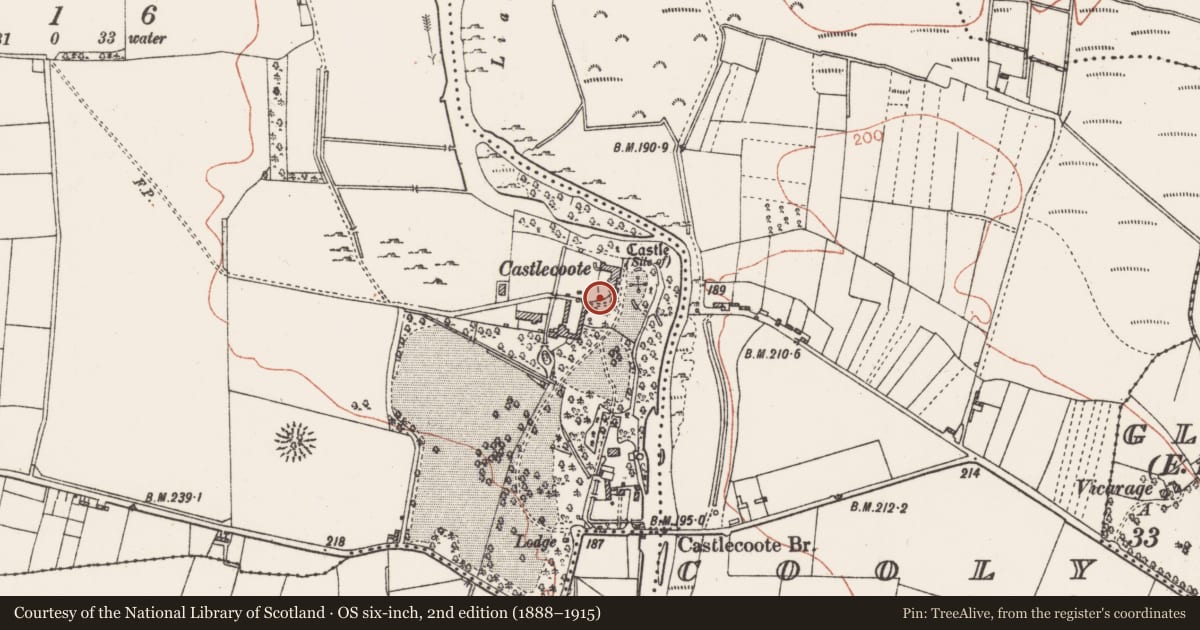 Ordnance Survey six-inch map, 2nd edition (1888–1915) covering the location of Gatehouse, Castlecoote, County Roscommon, with a pin at the register's coordinates