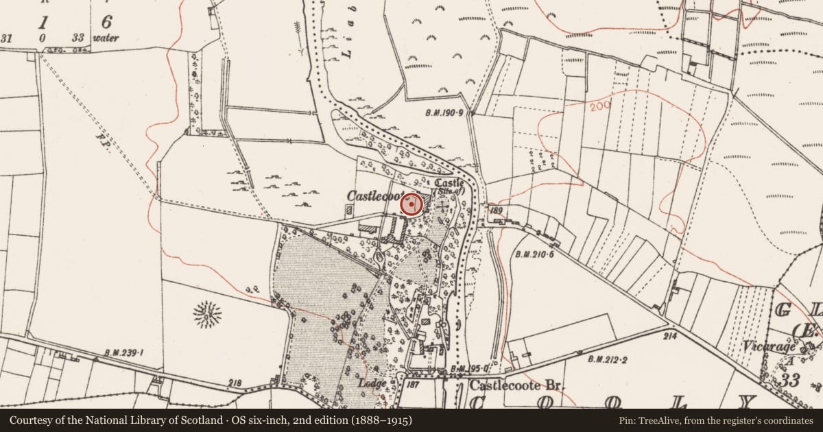 Ordnance Survey six-inch map, 2nd edition (1888–1915) covering the location of Bawn, Castlecoote, County Roscommon, with a pin at the register's coordinates