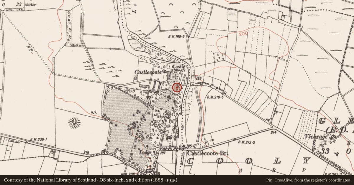 Ordnance Survey six-inch map, 2nd edition (1888–1915) covering the location of Icehouse, Castlecoote, County Roscommon, with a pin at the register's coordinates