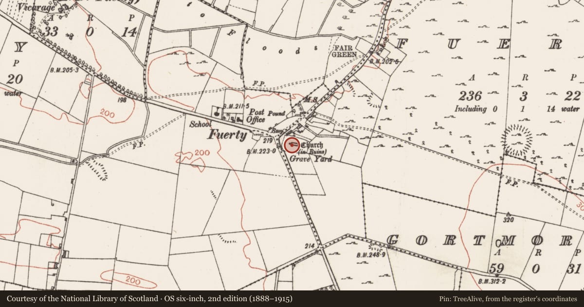 Ordnance Survey six-inch map, 2nd edition (1888–1915) covering the location of Church, Fuerty, County Roscommon, with a pin at the register's coordinates