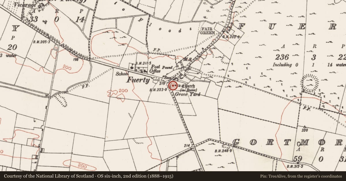 Ordnance Survey six-inch map, 2nd edition (1888–1915) covering the location of Cross-slab, Fuerty, County Roscommon, with a pin at the register's coordinates