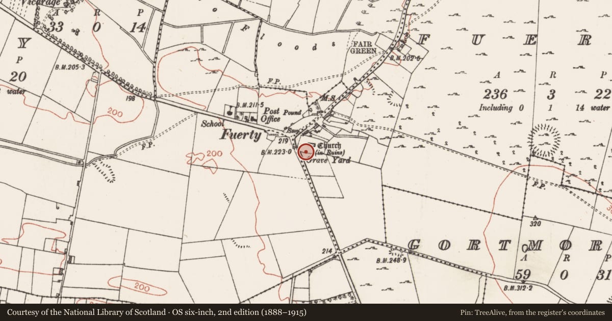 Ordnance Survey six-inch map, 2nd edition (1888–1915) covering the location of Cross-slab, Fuerty, County Roscommon, with a pin at the register's coordinates