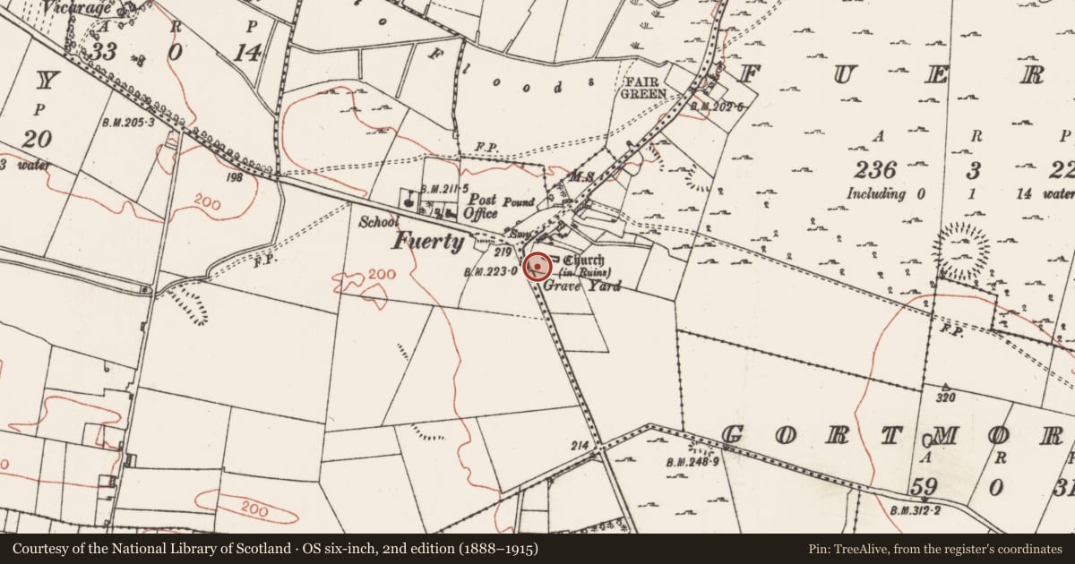 Ordnance Survey six-inch map, 2nd edition (1888–1915) covering the location of Cross-slab, Fuerty, County Roscommon, with a pin at the register's coordinates