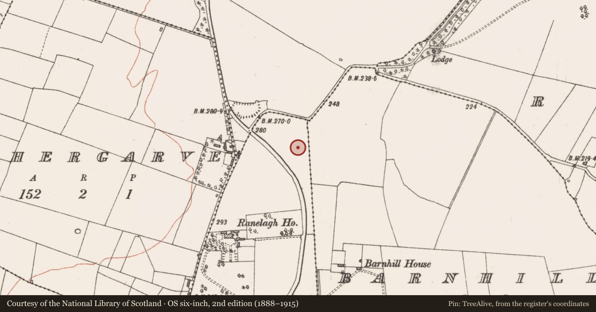 Ordnance Survey six-inch map, 2nd edition (1888–1915) covering the location of Concentric enclosure, Barnhill, Ranelagh, County Roscommon, with a pin at the register's coordinates