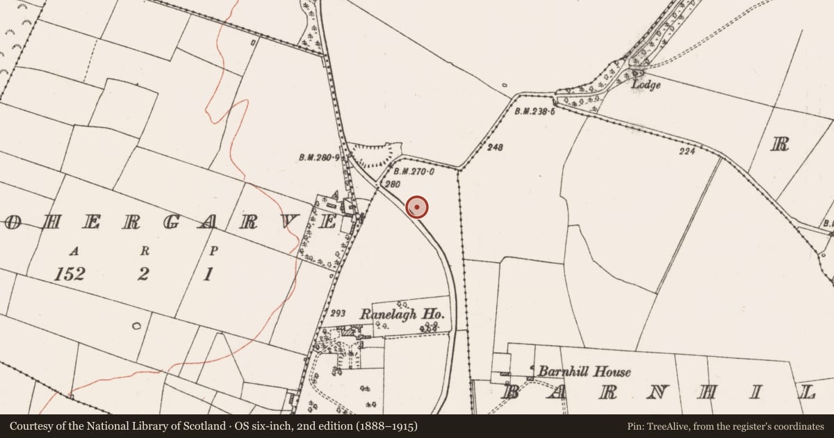Ordnance Survey six-inch map, 2nd edition (1888–1915) covering the location of Enclosure, Ranelagh, County Roscommon, with a pin at the register's coordinates