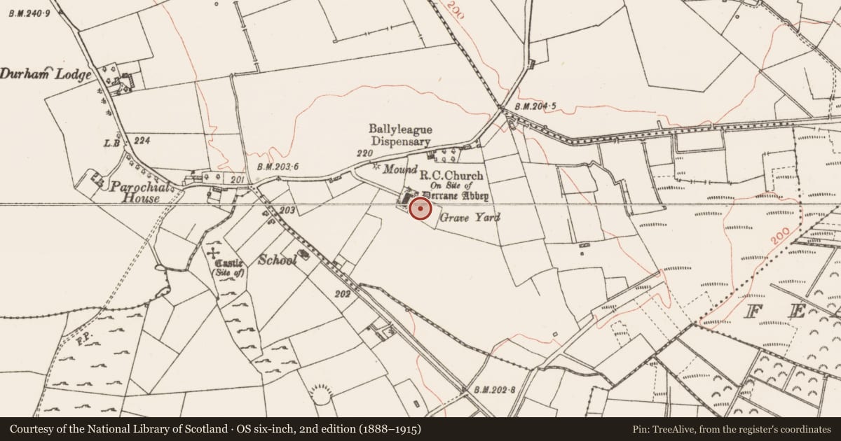 Ordnance Survey six-inch map, 2nd edition (1888–1915) covering the location of Graveyard, Derrane, County Roscommon, with a pin at the register's coordinates