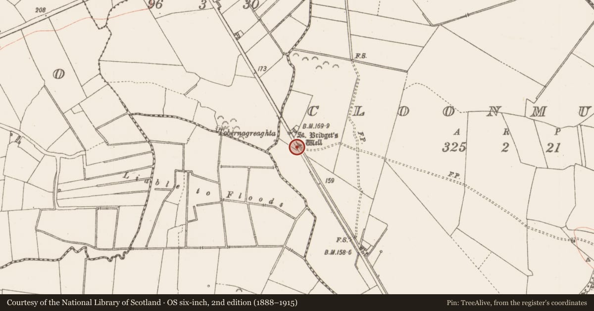 Ordnance Survey six-inch map, 2nd edition (1888–1915) covering the location of Ritual site - holy well, Cloonmurly, County Roscommon, with a pin at the register's coordinates