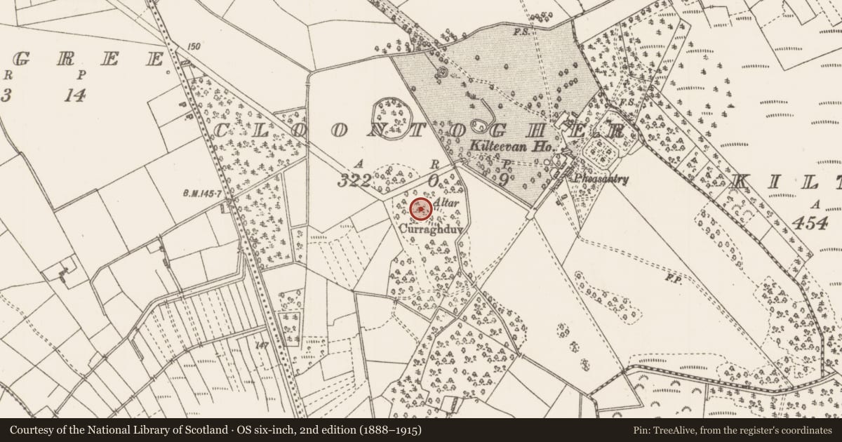Ordnance Survey six-inch map, 2nd edition (1888–1915) covering the location of Enclosure, Cloontogher, County Roscommon, with a pin at the register's coordinates
