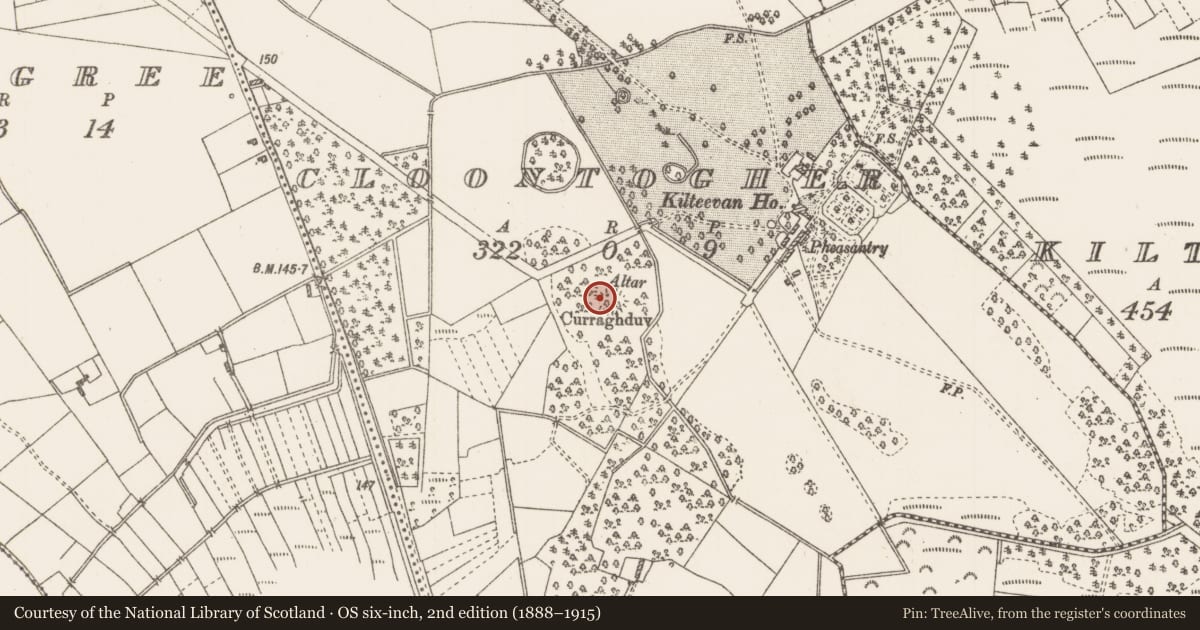 Ordnance Survey six-inch map, 2nd edition (1888–1915) covering the location of Mass-rock, Cloontogher, County Roscommon, with a pin at the register's coordinates