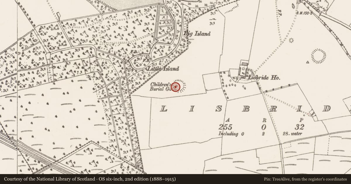 Ordnance Survey six-inch map, 2nd edition (1888–1915) covering the location of Children's burial ground, Lisbride, County Roscommon, with a pin at the register's coordinates