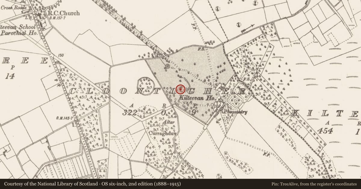 Ordnance Survey six-inch map, 2nd edition (1888–1915) covering the location of Designed landscape feature, Cloontogher, County Roscommon, with a pin at the register's coordinates