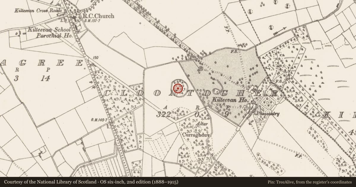 Ordnance Survey six-inch map, 2nd edition (1888–1915) covering the location of Designed landscape feature, Cloontogher, County Roscommon, with a pin at the register's coordinates