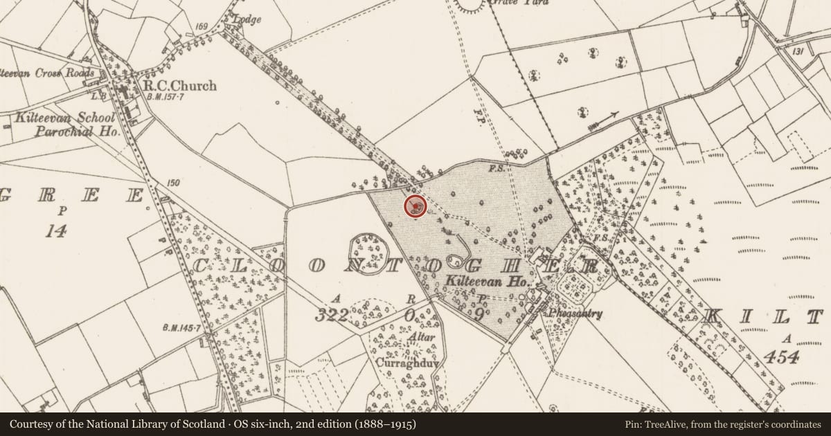 Ordnance Survey six-inch map, 2nd edition (1888–1915) covering the location of Designed landscape feature, Cloontogher, County Roscommon, with a pin at the register's coordinates