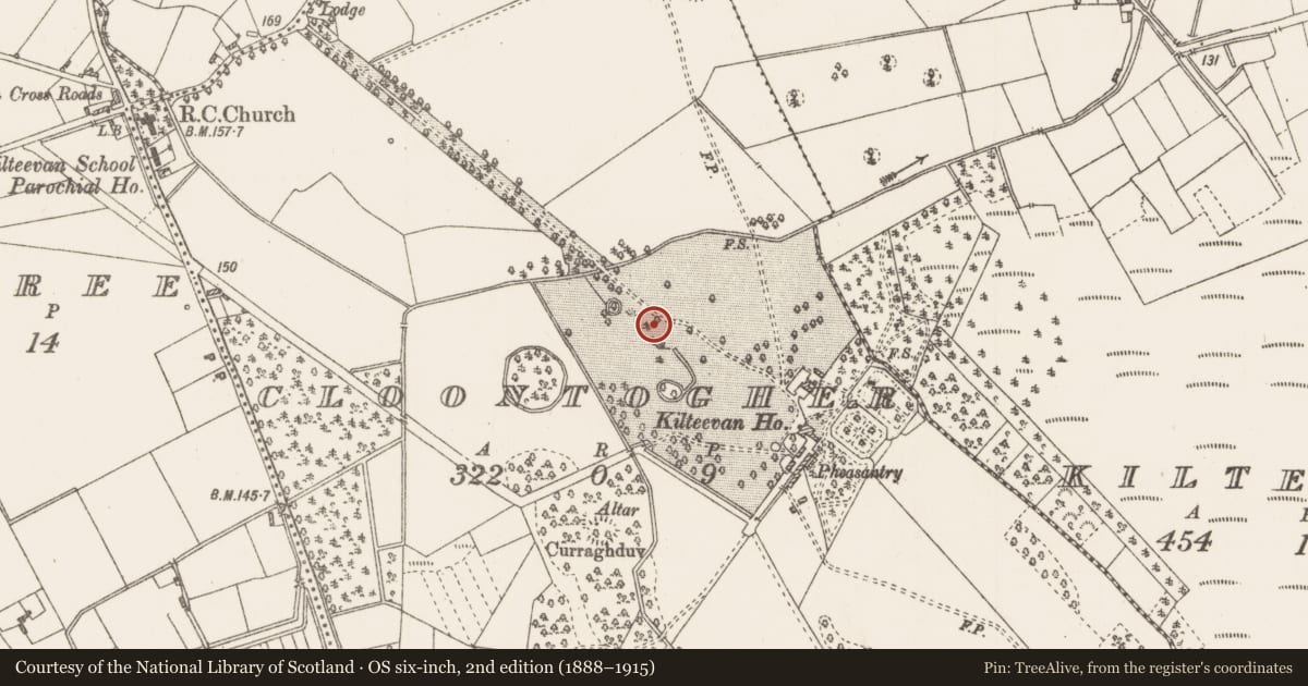 Ordnance Survey six-inch map, 2nd edition (1888–1915) covering the location of Designed landscape feature, Cloontogher, County Roscommon, with a pin at the register's coordinates