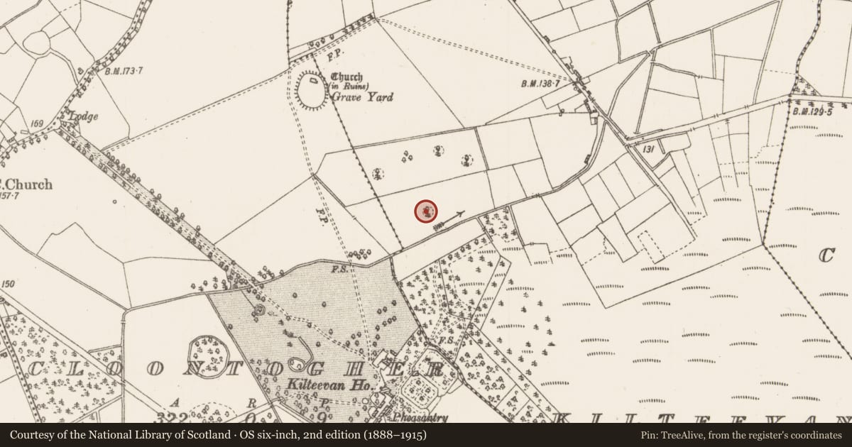 Ordnance Survey six-inch map, 2nd edition (1888–1915) covering the location of Designed landscape feature, Kilteevan, County Roscommon, with a pin at the register's coordinates