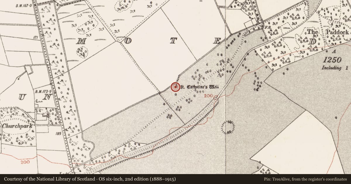 Ordnance Survey six-inch map, 2nd edition (1888–1915) covering the location of Ritual site - holy well, Mote Demesne, County Roscommon, with a pin at the register's coordinates