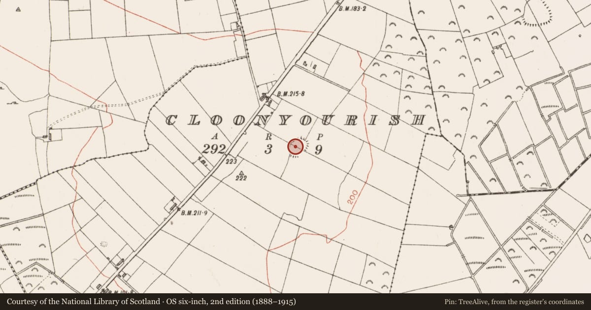 Ordnance Survey six-inch map, 2nd edition (1888–1915) covering the location of Ringfort - rath, Cloonyourish, County Roscommon, with a pin at the register's coordinates