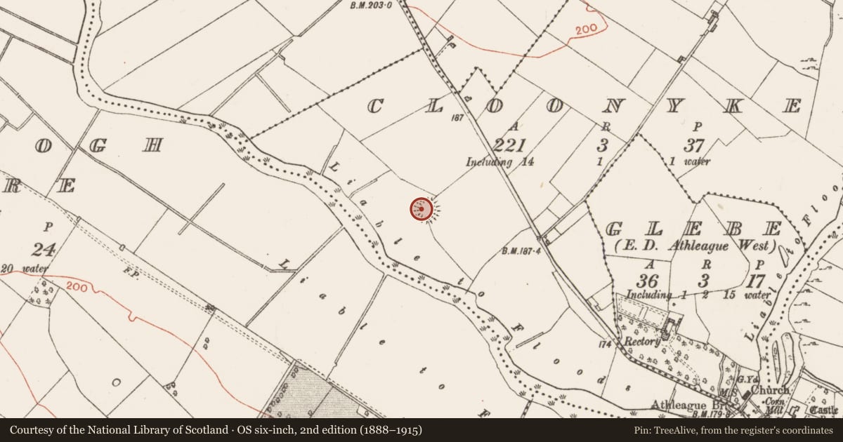 Ordnance Survey six-inch map, 2nd edition (1888–1915) covering the location of Ringfort - rath, Cloonykelly, County Roscommon, with a pin at the register's coordinates