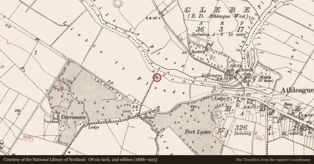 Ordnance Survey six-inch map, 2nd edition (1888–1915) covering the location of Ringfort - rath, Athleague, County Roscommon, with a pin at the register's coordinates