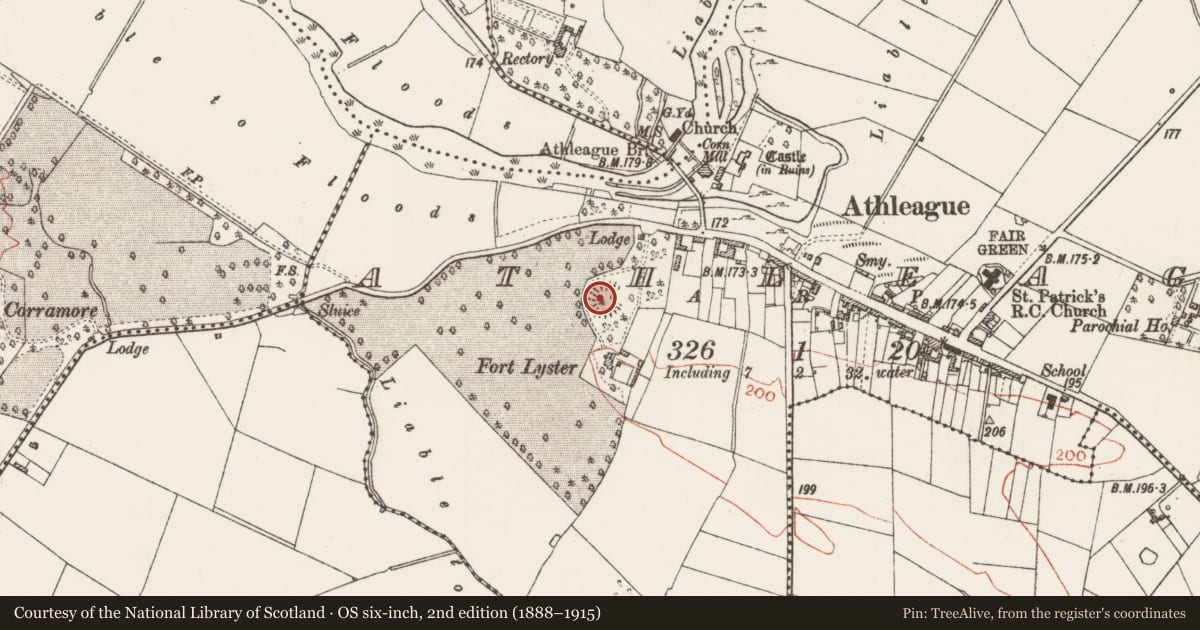Ordnance Survey six-inch map, 2nd edition (1888–1915) covering the location of Ringfort - rath, Athleague, County Roscommon, with a pin at the register's coordinates