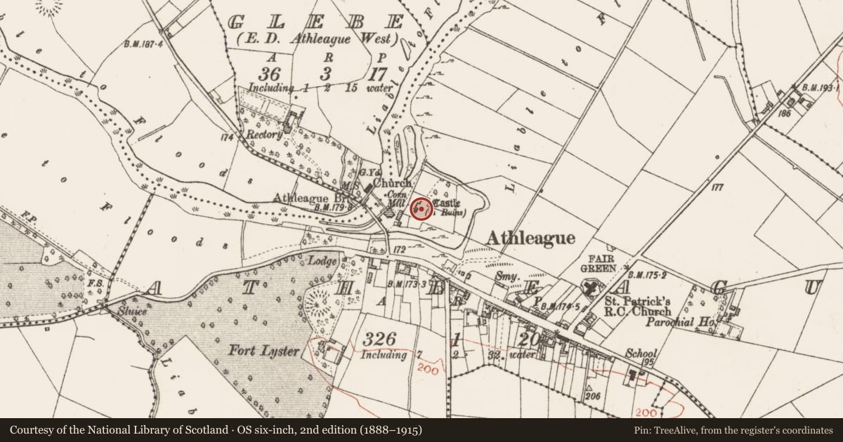 Ordnance Survey six-inch map, 2nd edition (1888–1915) covering the location of Bawn, Athleague, County Roscommon, with a pin at the register's coordinates
