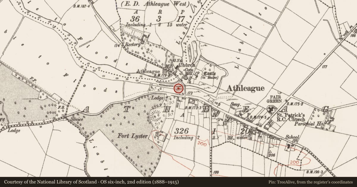 Ordnance Survey six-inch map, 2nd edition (1888–1915) covering the location of Mill - unclassified, Athleague, County Roscommon, with a pin at the register's coordinates