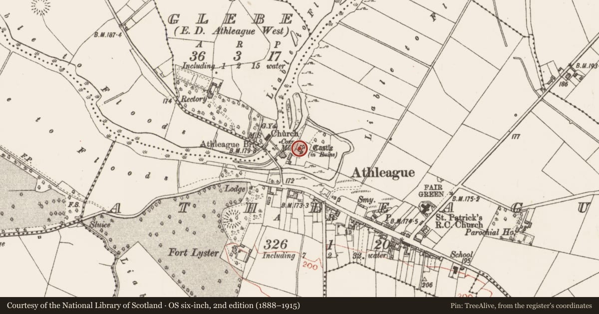 Ordnance Survey six-inch map, 2nd edition (1888–1915) covering the location of House - fortified house, Athleague, County Roscommon, with a pin at the register's coordinates