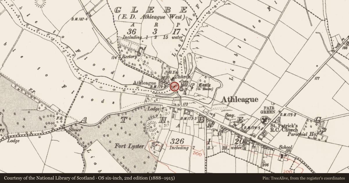 Ordnance Survey six-inch map, 2nd edition (1888–1915) covering the location of Ford, Athleague, Glebe, County Roscommon, with a pin at the register's coordinates