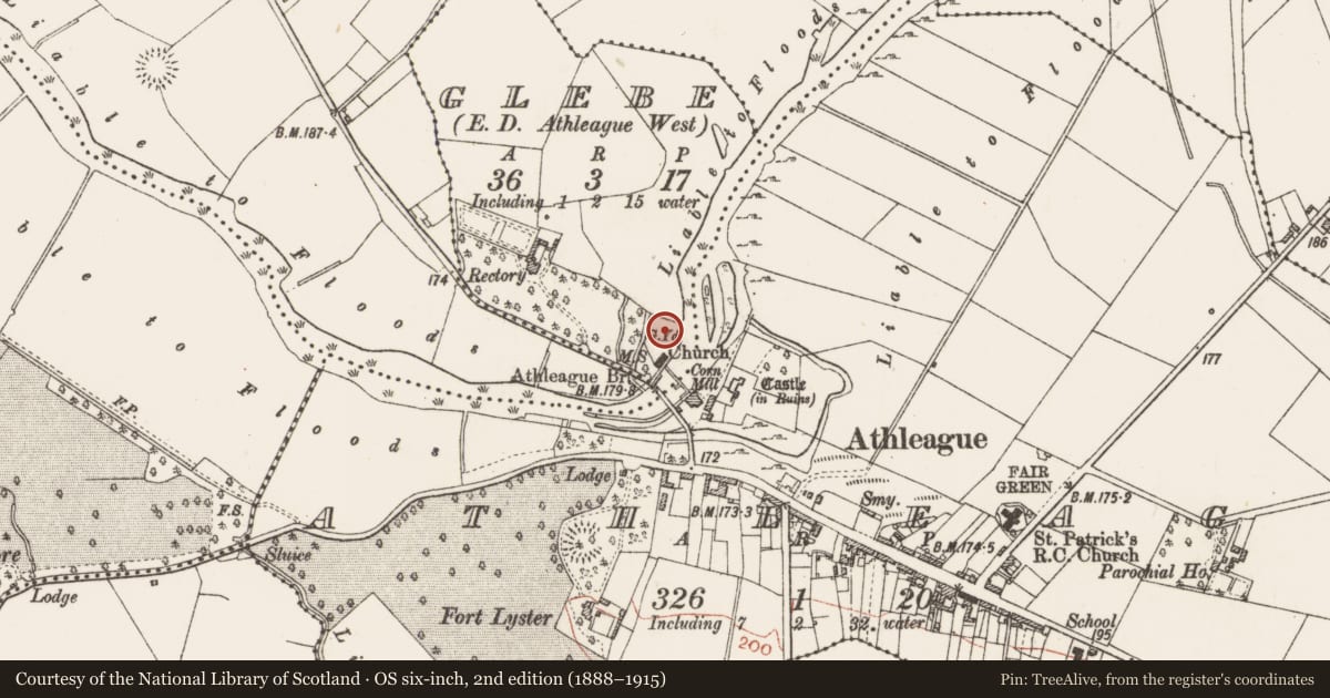 Ordnance Survey six-inch map, 2nd edition (1888–1915) covering the location of Church, Glebe, County Roscommon, with a pin at the register's coordinates