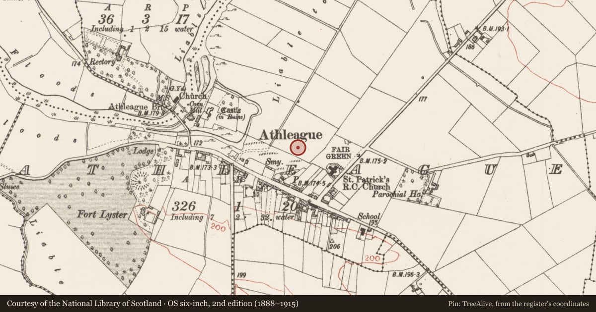 Ordnance Survey six-inch map, 2nd edition (1888–1915) covering the location of Road - road/trackway, Athleague, County Roscommon, with a pin at the register's coordinates