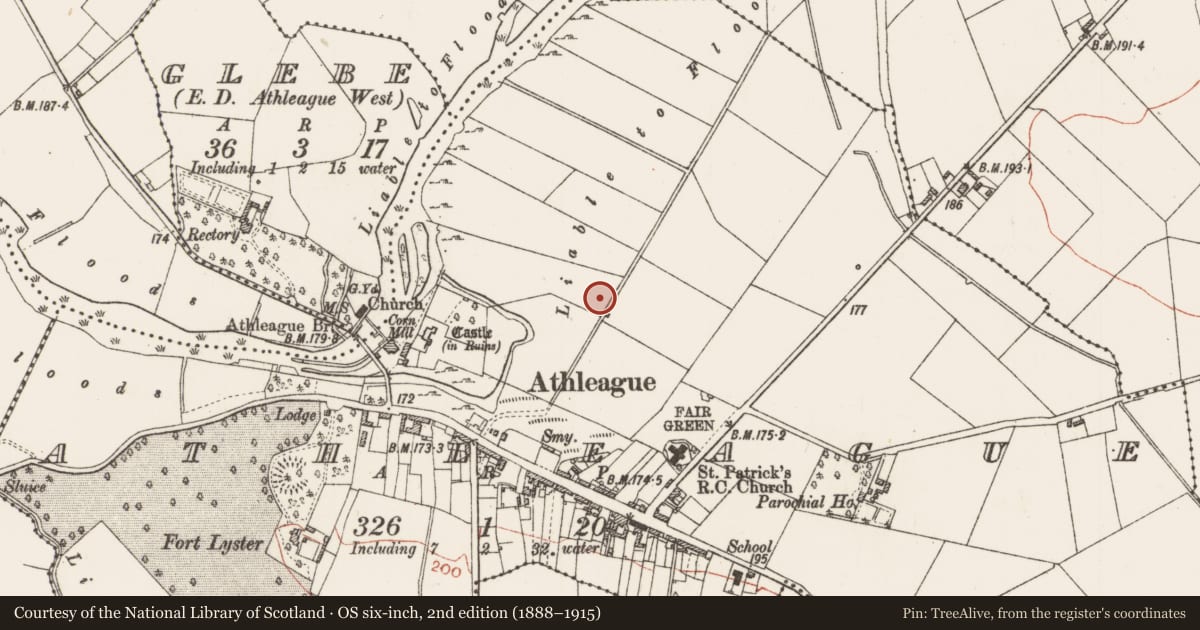 Ordnance Survey six-inch map, 2nd edition (1888–1915) covering the location of Earthwork, Athleague, County Roscommon, with a pin at the register's coordinates