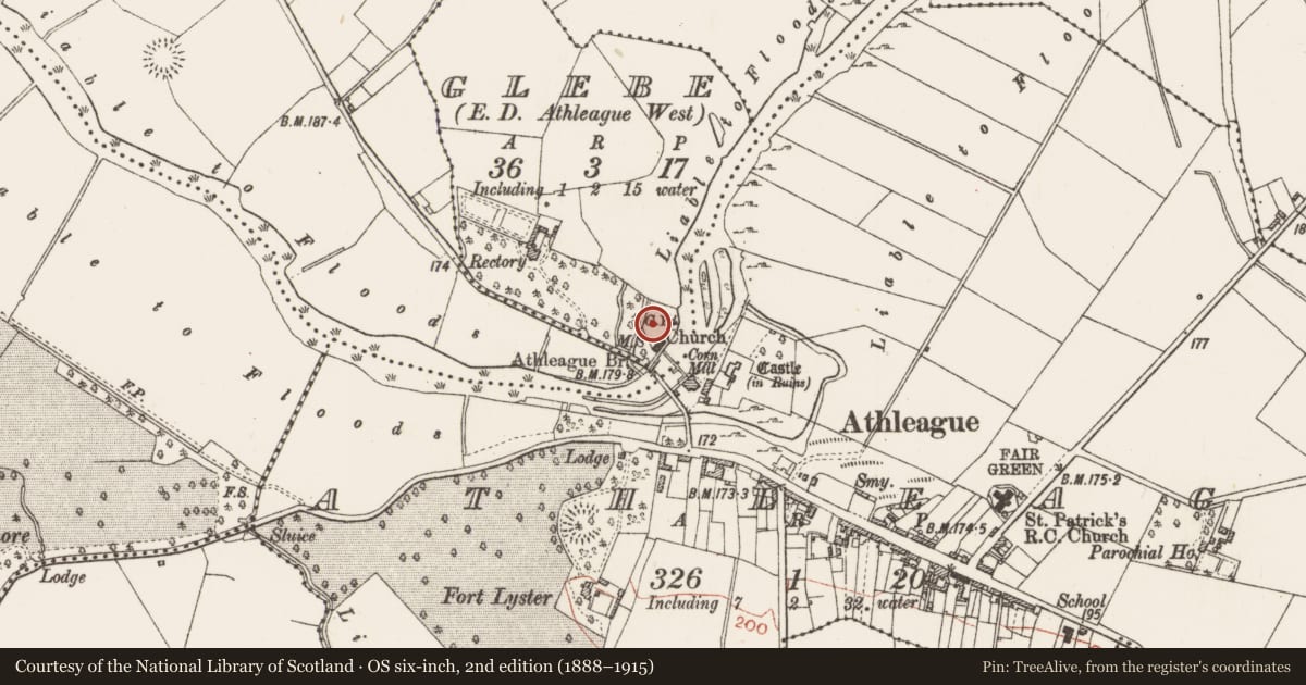 Ordnance Survey six-inch map, 2nd edition (1888–1915) covering the location of Graveyard, Glebe, County Roscommon, with a pin at the register's coordinates