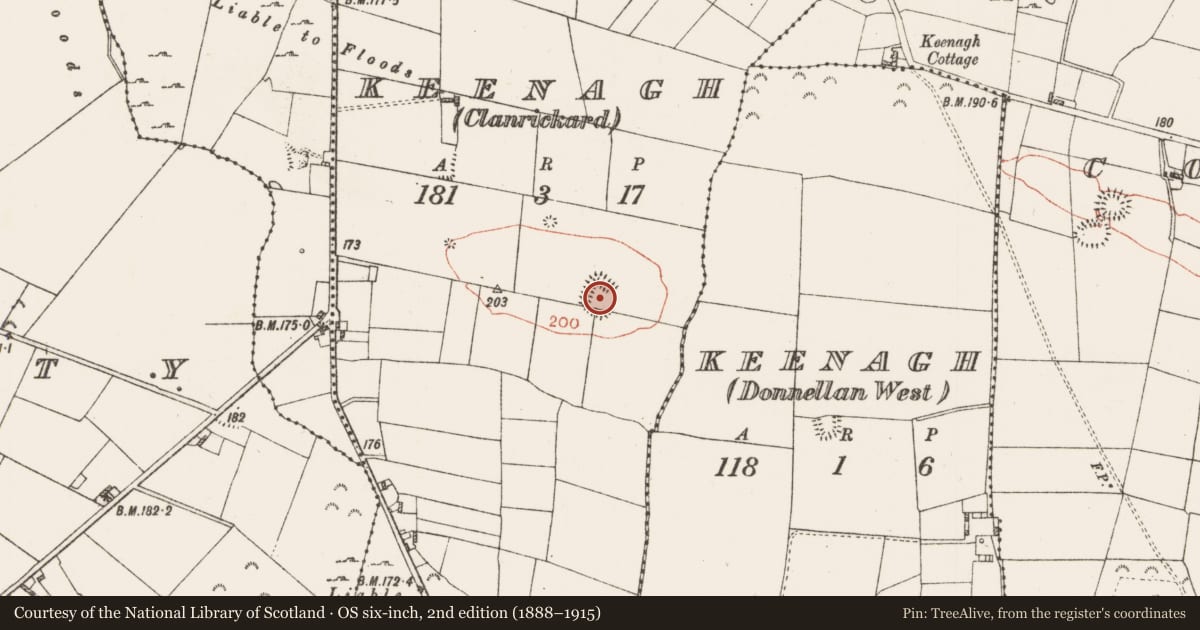 Ordnance Survey six-inch map, 2nd edition (1888–1915) covering the location of Ringfort - rath, Keenagh (Clanrickard), County Roscommon, with a pin at the register's coordinates