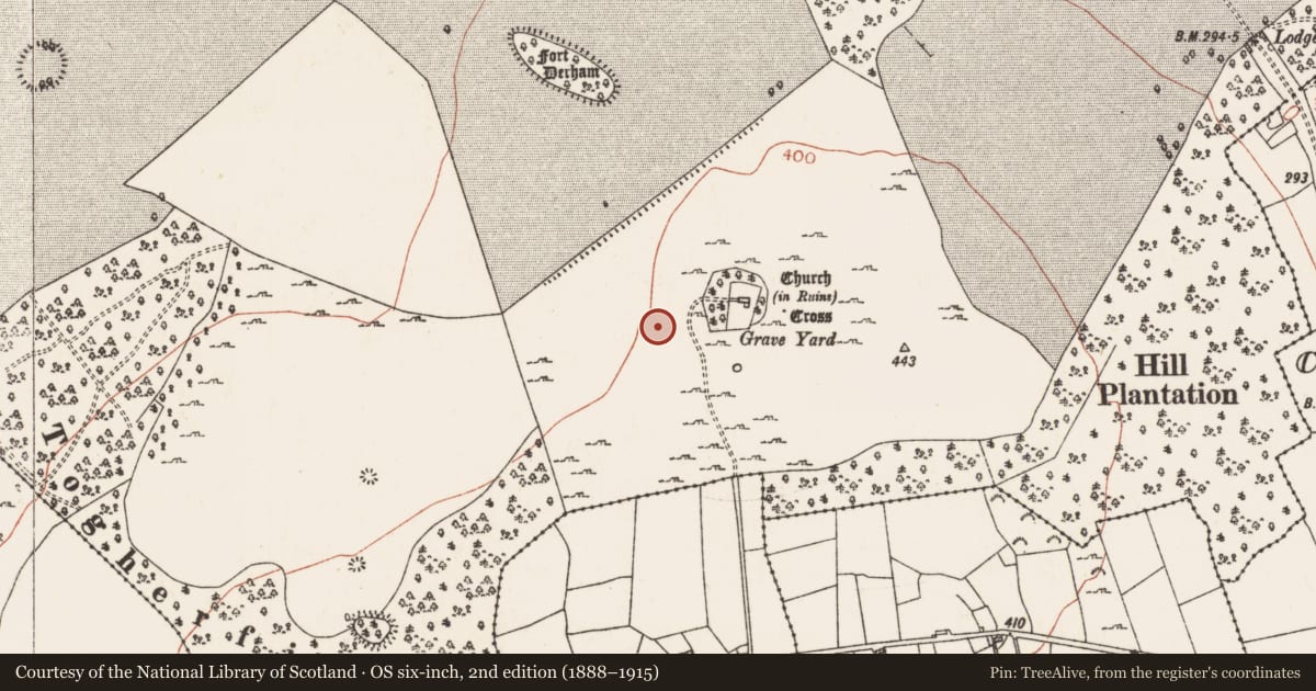Ordnance Survey six-inch map, 2nd edition (1888–1915) covering the location of Mausoleum, Mote Demesne, County Roscommon, with a pin at the register's coordinates
