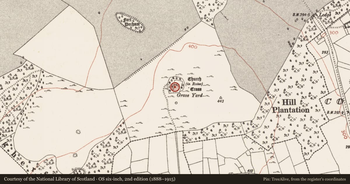 Ordnance Survey six-inch map, 2nd edition (1888–1915) covering the location of Graveyard, Mote Demesne, County Roscommon, with a pin at the register's coordinates