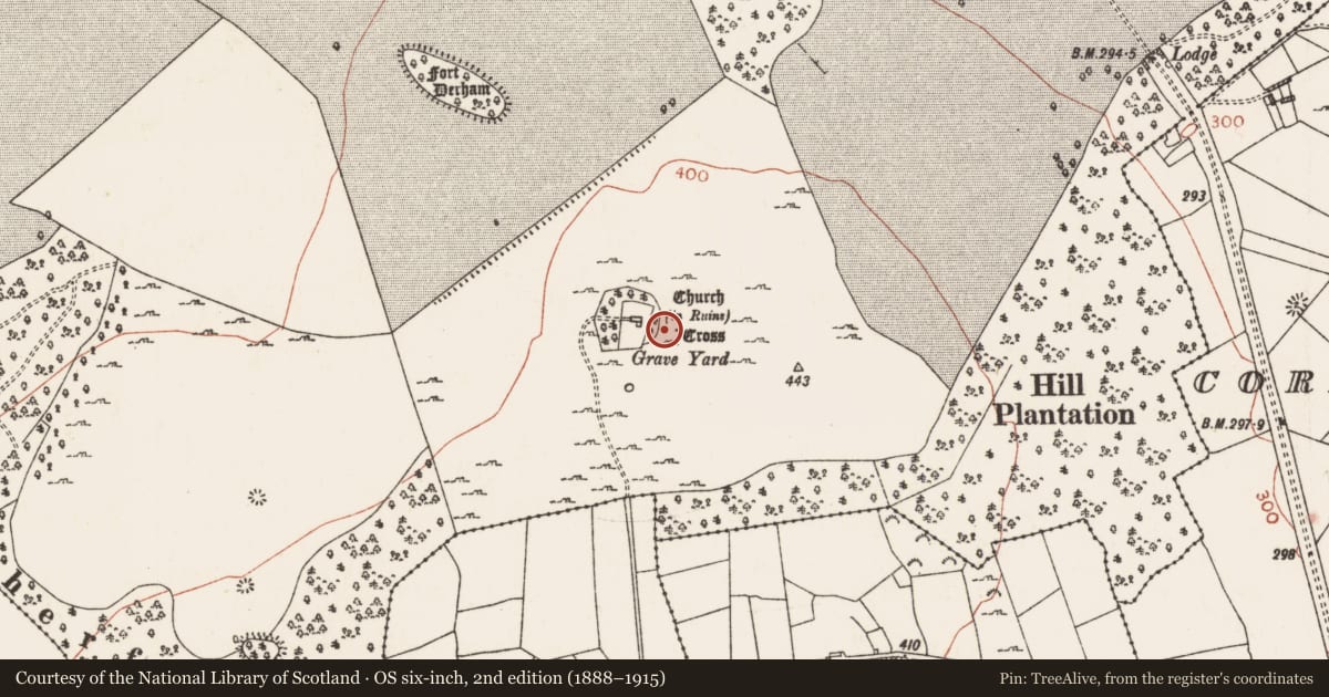 Ordnance Survey six-inch map, 2nd edition (1888–1915) covering the location of Field boundary, Mote Demesne, County Roscommon, with a pin at the register's coordinates