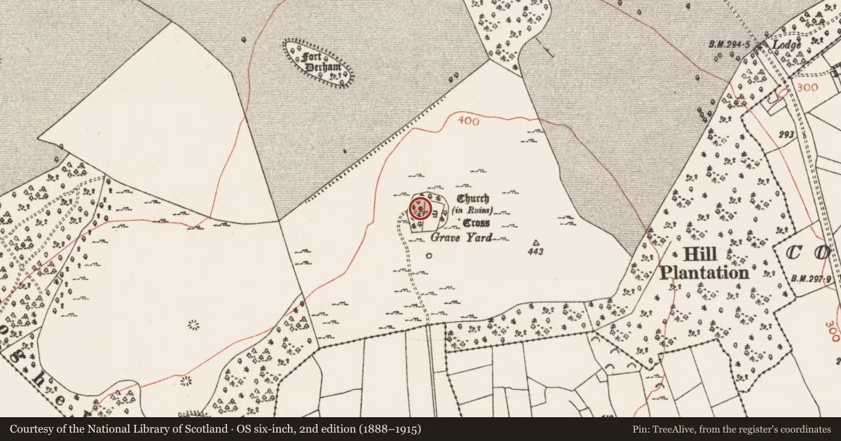 Ordnance Survey six-inch map, 2nd edition (1888–1915) covering the location of Ecclesiastical enclosure, Mote Demesne, County Roscommon, with a pin at the register's coordinates