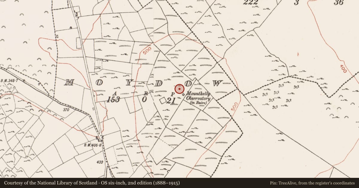 Ordnance Survey six-inch map, 2nd edition (1888–1915) covering the location of Hilltop enclosure, Moydow, County Roscommon, with a pin at the register's coordinates