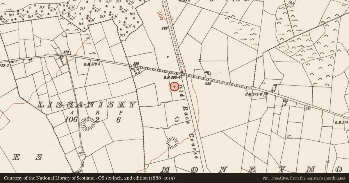 Ordnance Survey six-inch map, 2nd edition (1888–1915) covering the location of Ringfort - rath, Moneymore, County Roscommon, with a pin at the register's coordinates