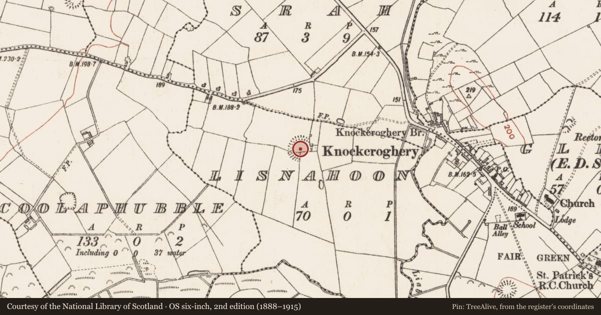 Ordnance Survey six-inch map, 2nd edition (1888–1915) covering the location of Ringfort - rath, Lisnahoon, County Roscommon, with a pin at the register's coordinates