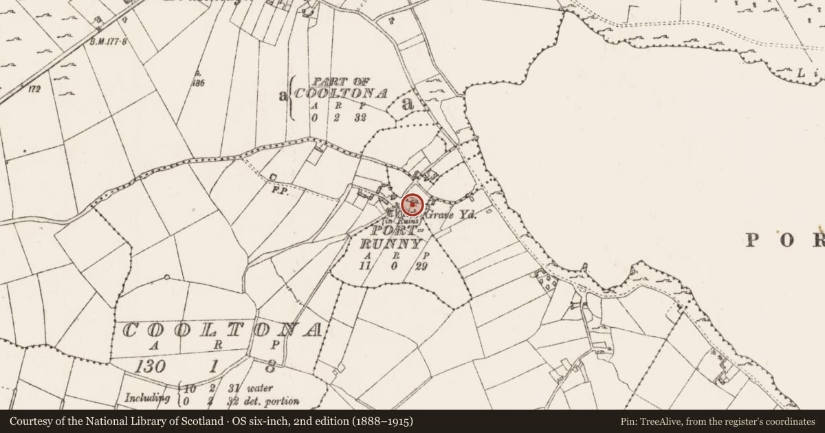 Ordnance Survey six-inch map, 2nd edition (1888–1915) covering the location of Church, Portrunny, County Roscommon, with a pin at the register's coordinates
