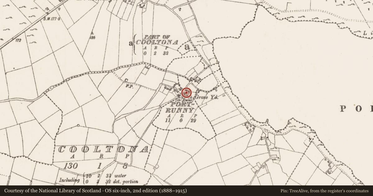 Ordnance Survey six-inch map, 2nd edition (1888–1915) covering the location of House - indeterminate date, Portrunny, County Roscommon, with a pin at the register's coordinates