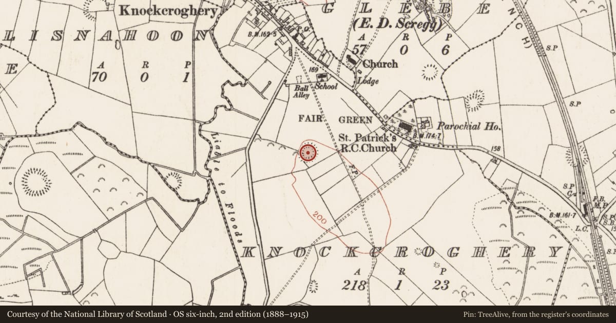 Ordnance Survey six-inch map, 2nd edition (1888–1915) covering the location of Ringfort - rath, Knockcroghery, County Roscommon, with a pin at the register's coordinates